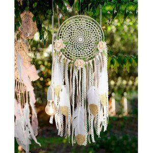 Boho Dream Catcher for Handmade Bedroom Wall Decor White Gold Feather Flowers